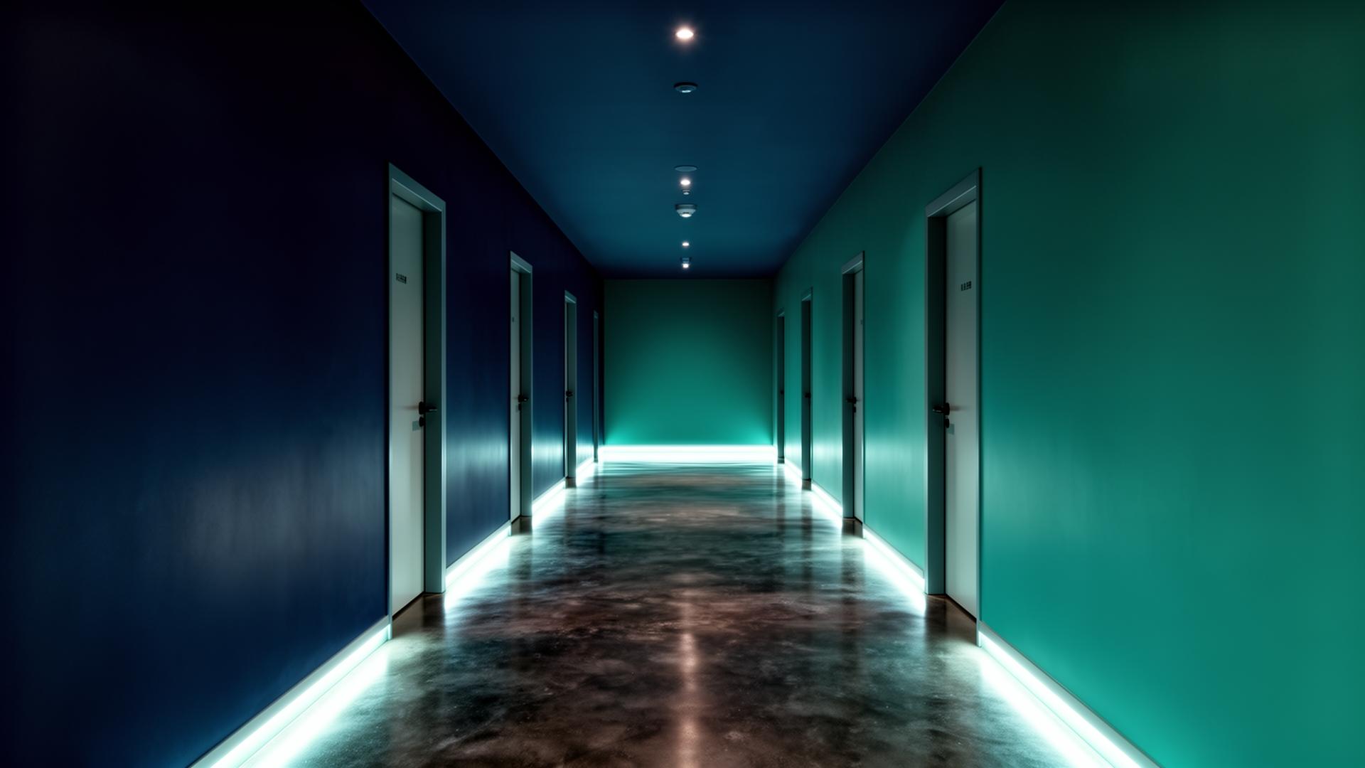 Wide architectural view of the private float facility hallway